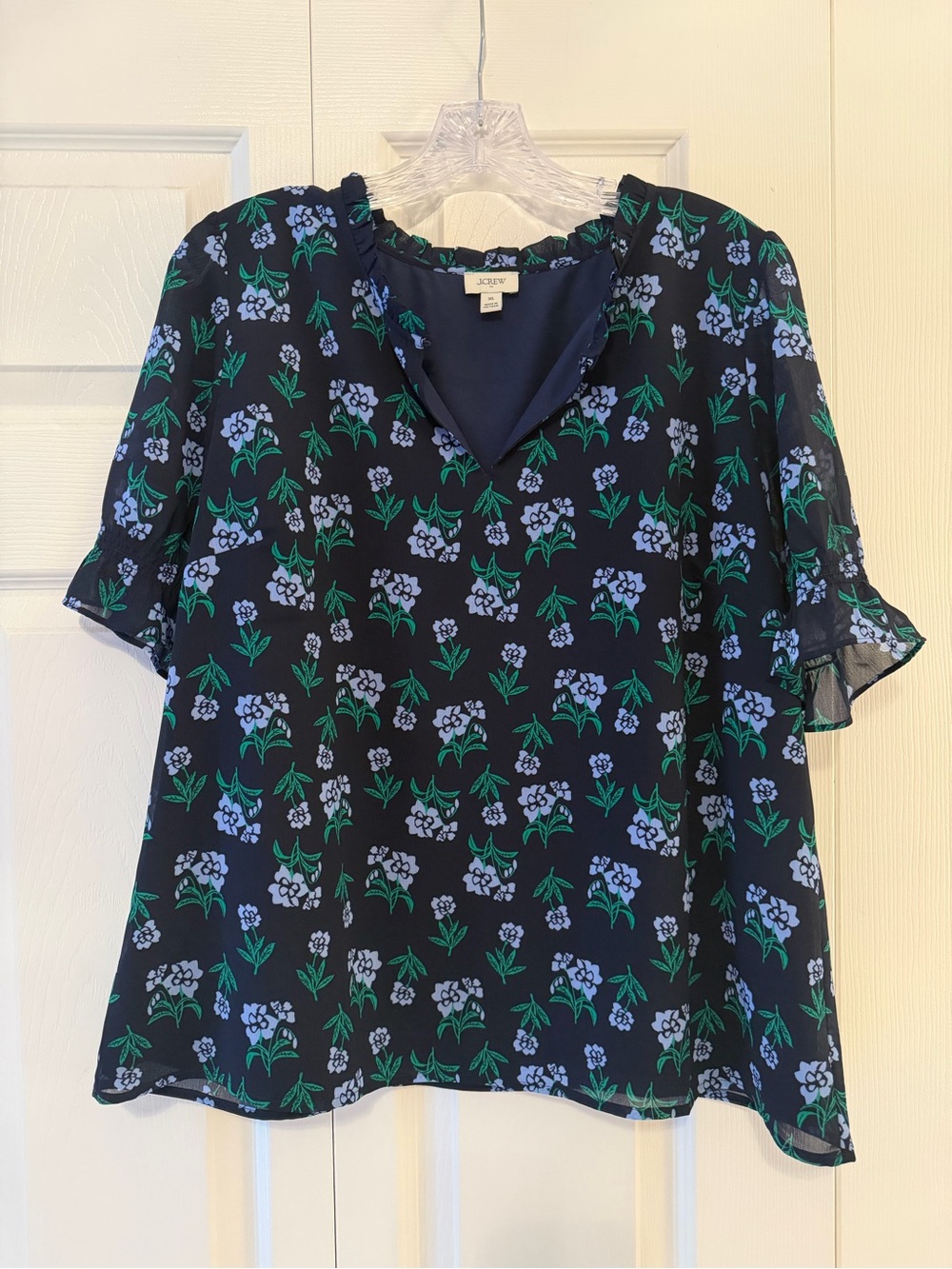 J. Crew Navy Floral V-Neck Short Sleeve Blouse with Blue and Green Print